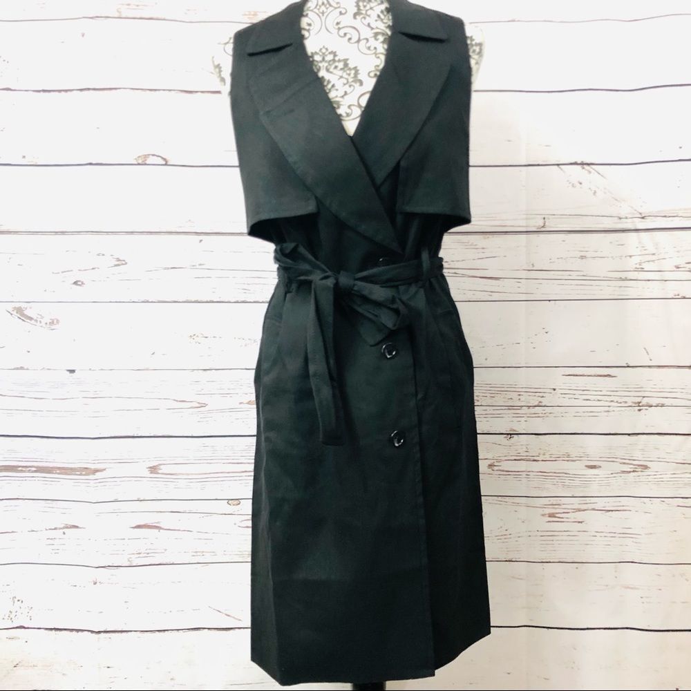 Halston Heritage Linen StretchTrench Button Up Wrap Shirtdress Black S